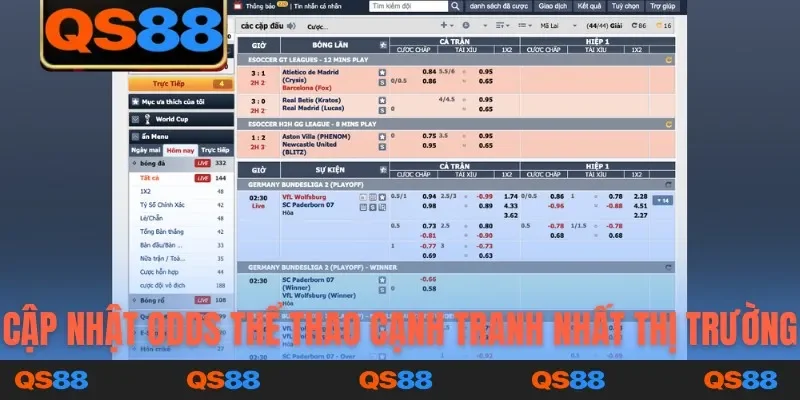 Cập nhật odds thể thao cạnh tranh nhất thị trường